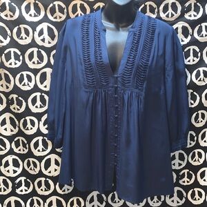 100% SILK JOIE 3/4 SLEEVE NAVY BLOUSE COVERED BUTTONS BAND COLLAR SZ L